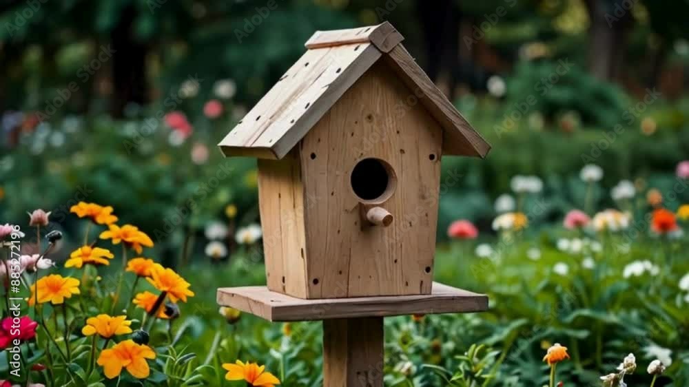Wooden Birdhouse on a Post in a Garden with Colorful Flowers Wooden Birdhouse on a Post in a Garden with Colorful Flowers