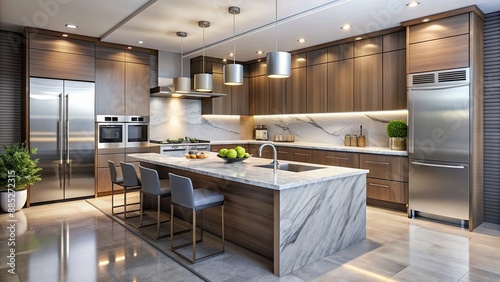 Sleek and minimalist modern kitchen interior with stainless steel appliances and marble countertops, modern