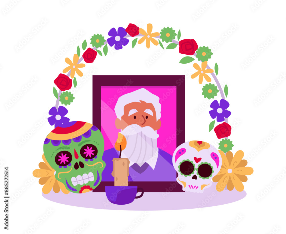 Fototapeta premium Dia de los Muertos vector altar with photos, skulls and candles.