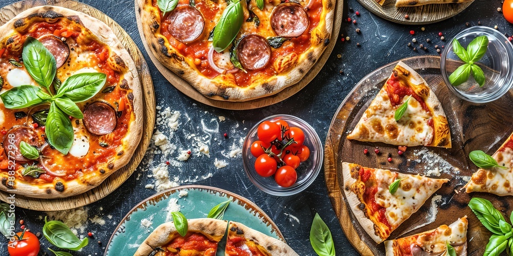 several pizzas full of toppings on top and around them on a textured table several pizzas full of toppings on top and around them on a textured table