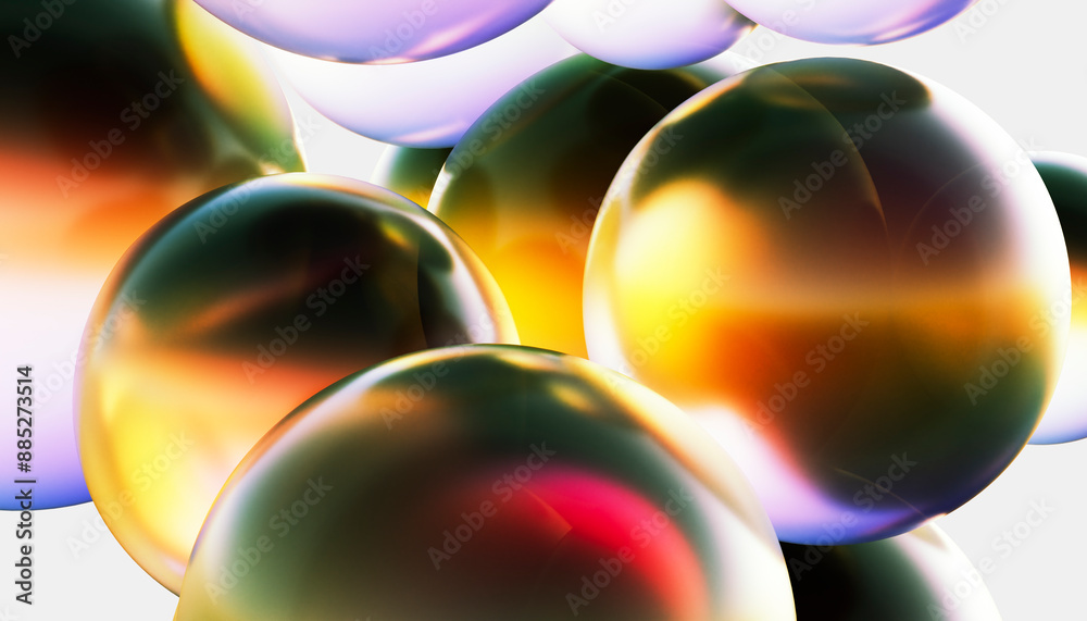 3D rendering of multi colored bubbles with light effect against white background ilustração do