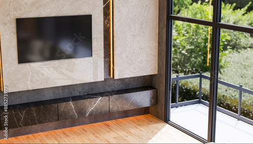 Television mounted on wall near windows in living room