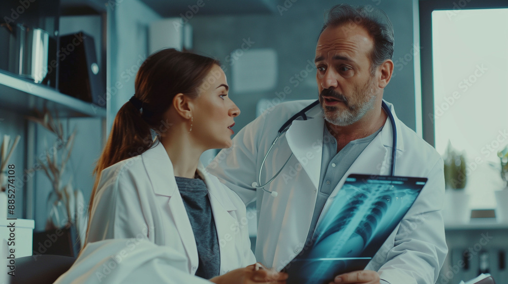 Obraz premium The doctor is examining the patient with documents and showing x-ray images.Doctors have a meeting about a patient's case. Use the touch screeing to check the patient's health.