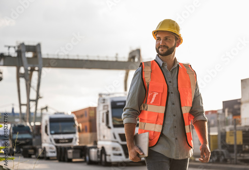 Smiling logistics worker wearing hardhat standing on sunny day in industrial district photo