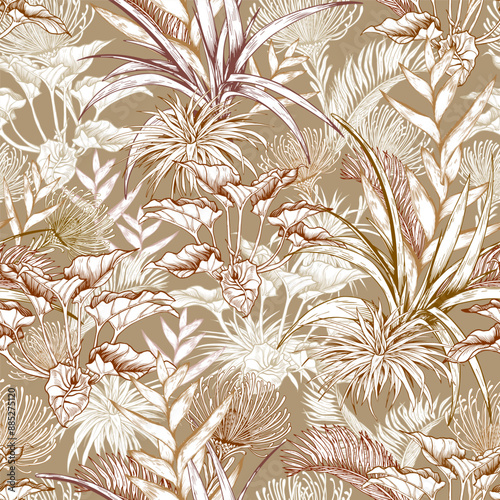 Seamless pattern with tropical leaves on beige background. Hawaiian style botanical background. Hand drawn vector illustration.