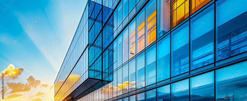 Obraz premium Modern glass office building reflecting sky at sunset