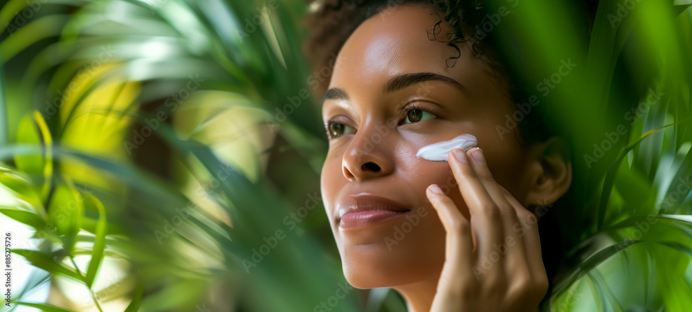 Woman applying skincare cream surrounded by tropical leaves Woman applying skincare cream surrounded by tropical leaves