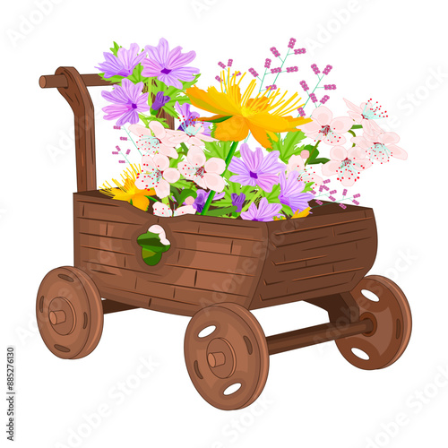 Wooden wheelbarrow full of flowers isolated on white background. Spring bouquet wildflowers in vintage cart. Garden and meadow summer flowers in the vintage wheel cart. Stock vector illustration