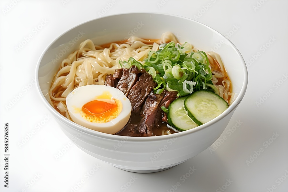 Hearty and appetizing noodles with boiled eggs, cucumbers, vegetables and stir-fried meat on white table Hearty and appetizing noodles with boiled eggs, cucumbers, vegetables and stir-fried meat on white table