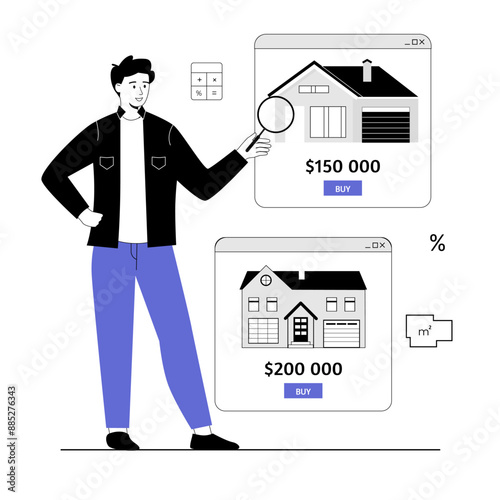 Real estate online. Man searching houses and selecting with bargain price at webpage. Vector illustration with line people for web design.