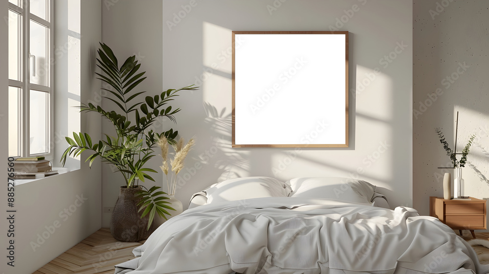 Frame Mockup, bedroom with empty poster mock up and plants, modern room blank painting on wall scandinavian and minimalist Frame Mockup, bedroom with empty poster mock up and plants, modern room blank painting on wall scandinavian and minimalist