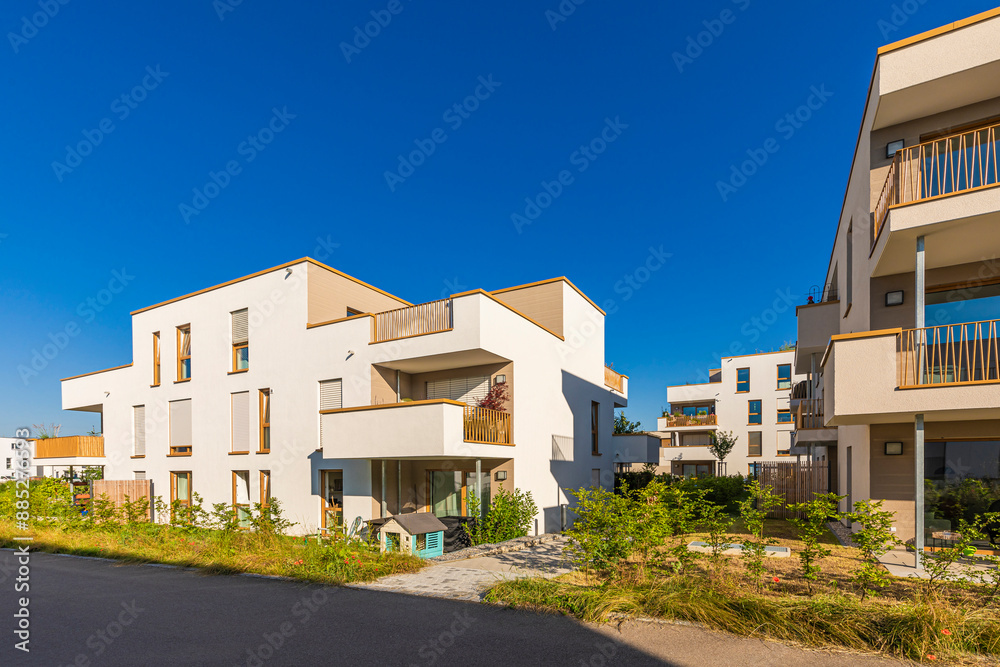 Germany, Baden-Wurttemberg, Weinstadt, Modern suburban apartments in spring Germany, Baden-Wurttemberg, Weinstadt, Modern suburban apartments in spring