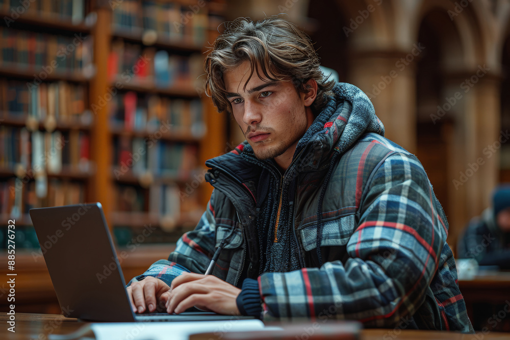 College student writing on laptop in library College student writing on laptop in library