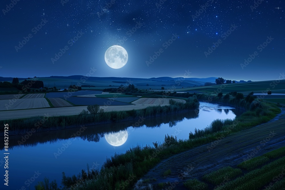 The moon rising over a tranquil rural landscape, with a patchwork of fields and a winding river reflecting the moonlight, under a vast, clear night sky filled with stars The moon rising over a tranquil rural landscape, with a patchwork of fields and a winding river reflecting the moonlight, under a vast, clear night sky filled with stars