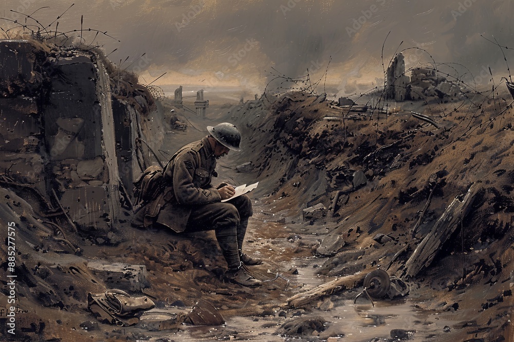 custom made wallpaper toronto digitalIn a muddy trench, a lone soldier writes in a desolate landscape scarred by war. Generative AI