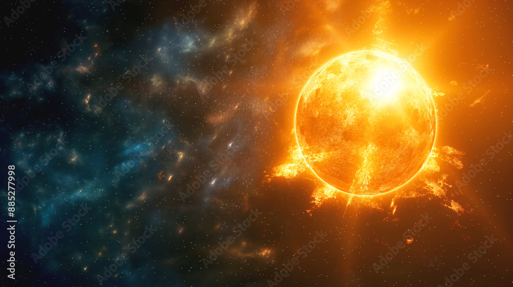 Obraz premium Fiery sun with bright light and solar flares against the backdrop of outer space filled with stars and nebulae.