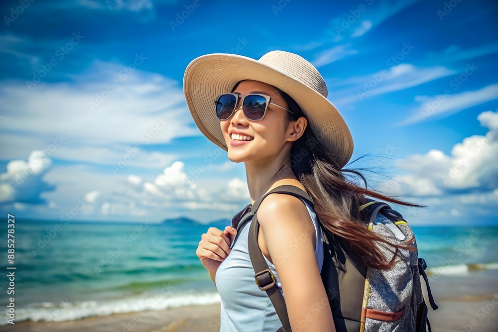 Happy woman traveler on beach. Happy woman traveler on beach.