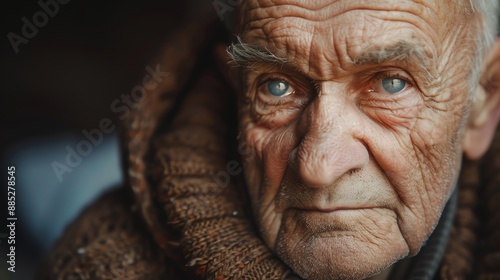 Close-up of an elderly man's face with wrinkles and blue eyes. © Pixel