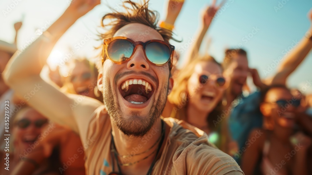 A vibrant image showing an enthusiastic crowd of people enjoying a sunny outdoor music festival, with arms raised and a lively atmosphere filled with joy and energy. A vibrant image showing an enthusiastic crowd of people enjoying a sunny outdoor music festival, with arms raised and a lively atmosphere filled with joy and energy.