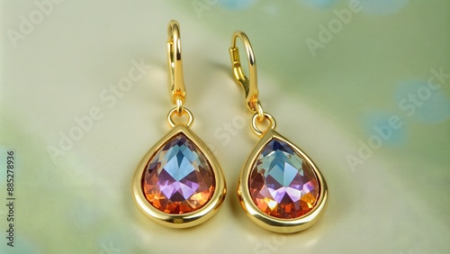 Tearshaped earrings with colorful crystals hanging from gold hooks photo