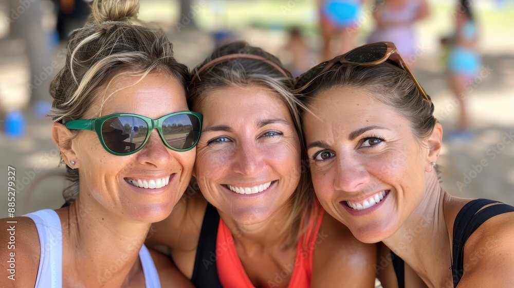 Three women smiling closely together at an outdoor event, showing their happiness and close friendship. They are dressed casually, enjoying a relaxed and pleasant moment. Three women smiling closely together at an outdoor event, showing their happiness and close friendship. They are dressed casually, enjoying a relaxed and pleasant moment.