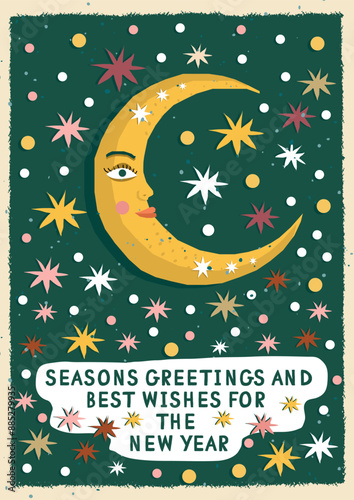 Vector Illustration Christmas and New Year Retro Banner – Hand-Drawn Festive Art with Bright Colors and Cheerful Vibes