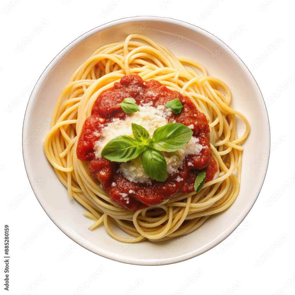 Pasta with tomato sauce, basil and cheese on white plate on transparent Pasta with tomato sauce, basil and cheese on white plate on transparent