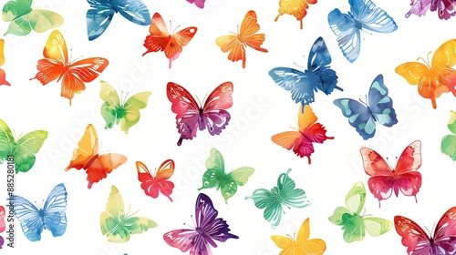 Watercolor butterflies in a rainbow of colors on a white background. © Pixel