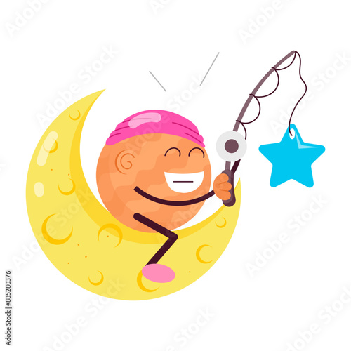 A cartoon sitting on moon catching star, sticker