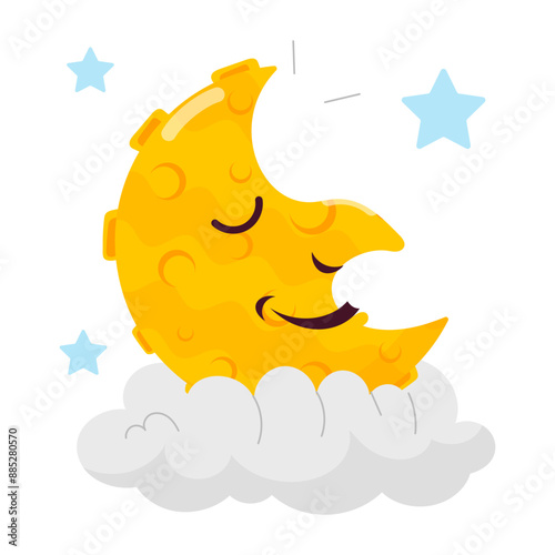 A comic style sicker of a cloudy moon sleeping 

