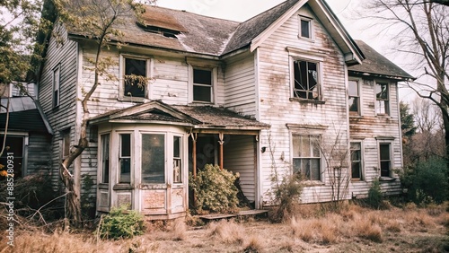 Creepy old abandoned house with broken windows and overgrown yard, abandoned, derelict, spooky, haunted, neglected, decay
