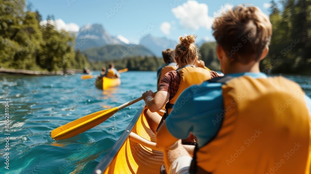 Fototapeta premium A group of kayakers navigate down a river in bright yellow kayaks, surrounded by crystal blue waters and green hills, enjoying an energetic and thrilling outdoor adventure.