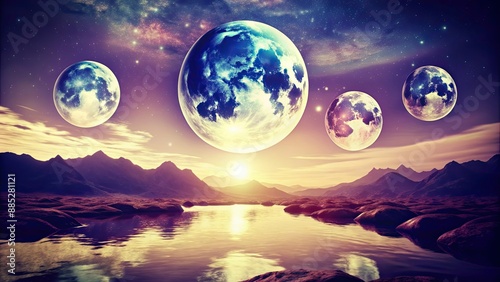 Ethereal moon landscape with floating blue portals, rendered, moon surface, lunar night, ethereal, blue portals, floating © Sujid