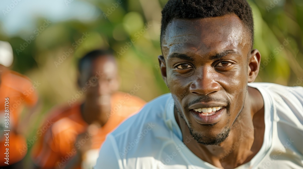 An intense athlete with a focused gaze running on a track, showcasing determination, speed, and strength in a competitive outdoor setting, with fellow runners behind. An intense athlete with a focused gaze running on a track, showcasing determination, speed, and strength in a competitive outdoor setting, with fellow runners behind.