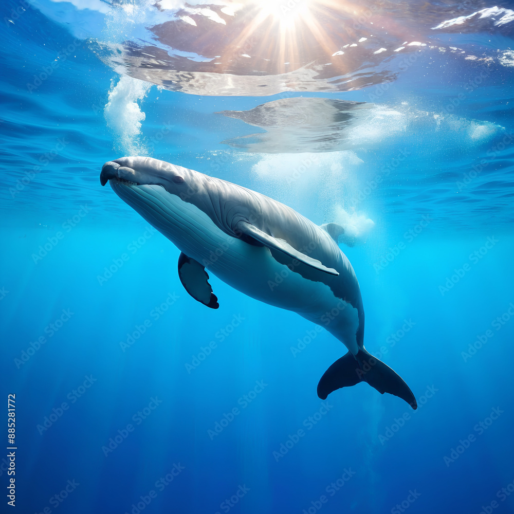 Fototapeta premium A beluga whale swims gracefully underwater, illuminated by sunlight in the blue ocean.