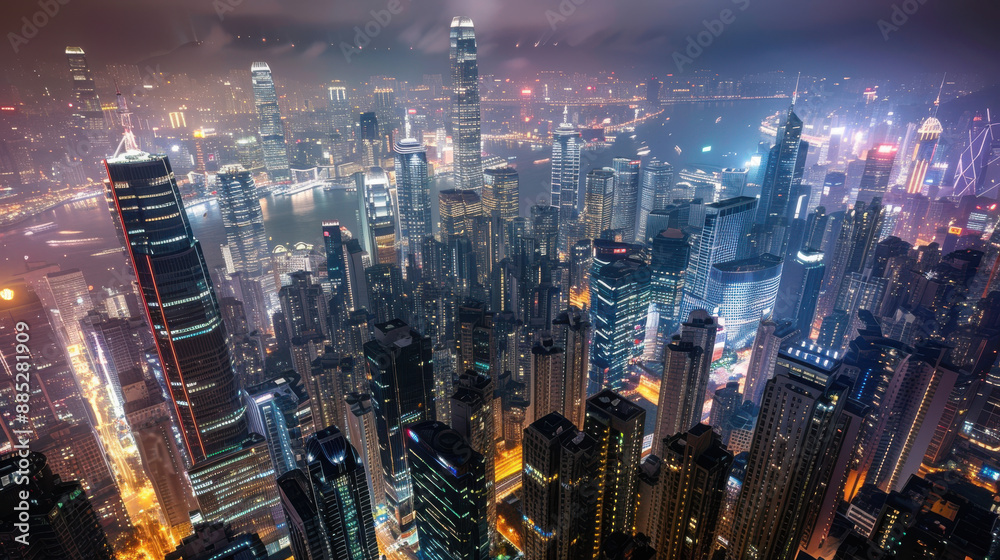 Fototapeta premium A bustling metropolis at night, with skyscrapers illuminated by city lights