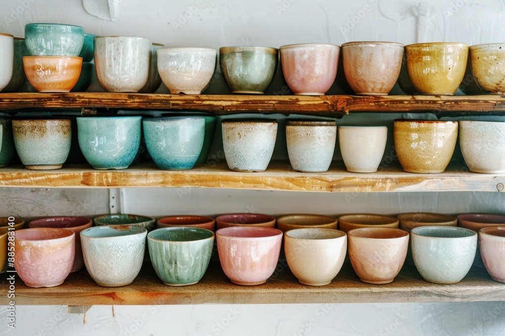 handmade colorful ceramic cups on rustic wooden shelves in pottery studio, collection of glazed stoneware bowls in various pastel and earthy tones handmade colorful ceramic cups on rustic wooden shelves in pottery studio, collection of glazed stoneware bowls in various pastel and earthy tones