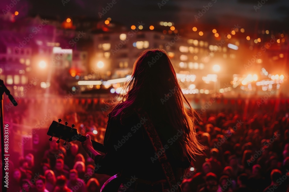 Close-Up of Female Musician Performing at Night with Vibrant Stage Lights and Energetic Crowd in Reykjavik Close-Up of Female Musician Performing at Night with Vibrant Stage Lights and Energetic Crowd in Reykjavik