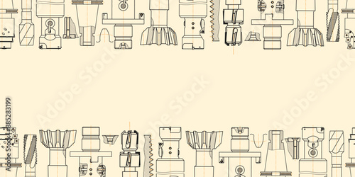 Mechanical engineering drawings on sepia background. Tap tools, borer. Technical Design. Cover. Blueprint. Seamless pattern. Vector illustration.