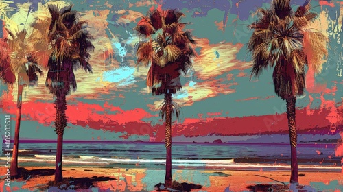 Tropical Beach Sunset with Palm Trees in Vibrant Colors