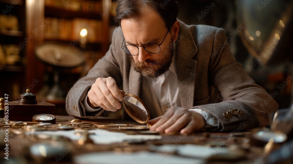 Historian Analyzing Artifacts with Magnifying Glass Historian Analyzing Artifacts with Magnifying Glass