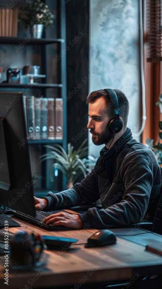 man working on computer office man working on computer office