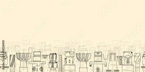 Mechanical engineering drawings on sepia background. Tap tools, borer. Technical Design. Cover. Blueprint. Seamless pattern. Vector illustration.
