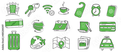 Hotel or hostel green color doodle icon set. Tourism, travel hand drawn illustrations on white background.