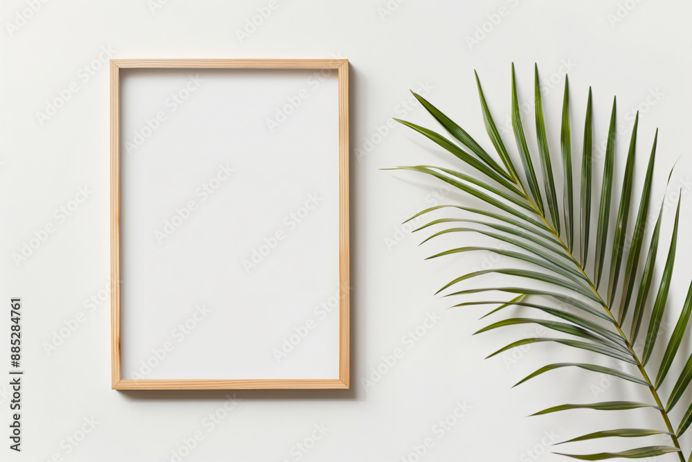 Photo of A vertical wooden frame mockup on white background with a palm leaf, creating an elegant and minimalistic look for branding or presentation designs. Photo of A vertical wooden frame mockup on white background with a palm leaf, creating an elegant and minimalistic look for branding or presentation designs.