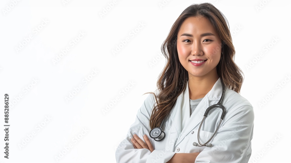 A confident young female doctor with a warm smile stands with arms crossed in a white coat and stethoscope, embodying professionalism and care in a clinical setting. A confident young female doctor with a warm smile stands with arms crossed in a white coat and stethoscope, embodying professionalism and care in a clinical setting.