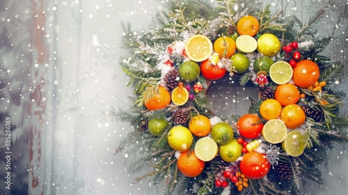 Vibrant Citrus Christmas Wreath on Snowy Background