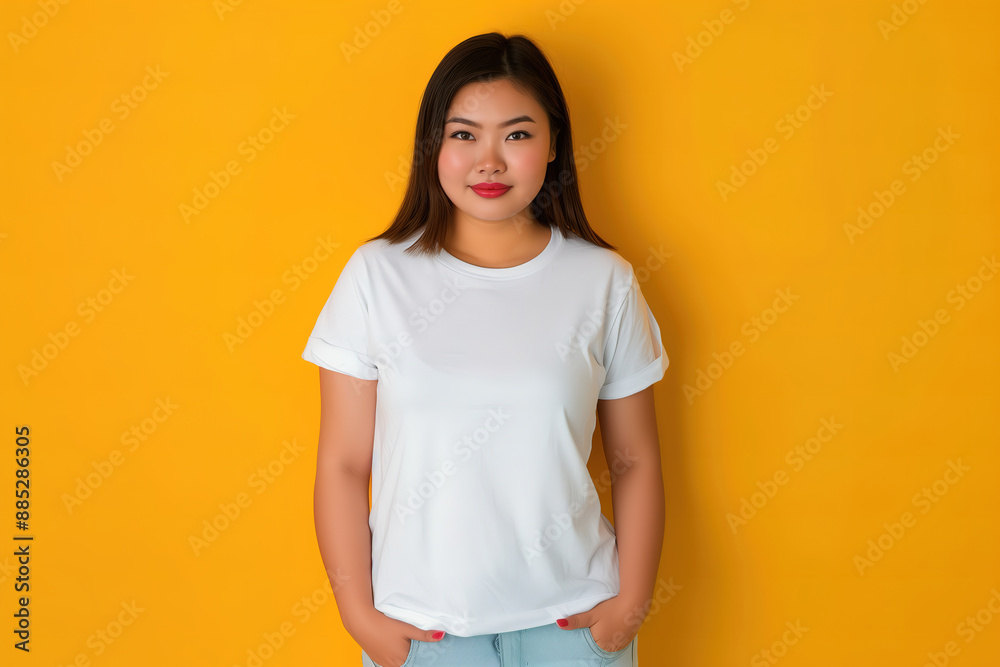 Mockup of Young Asian Woman Wearing a Plain White T-Shirt Against a Yellow Background Mockup of Young Asian Woman Wearing a Plain White T-Shirt Against a Yellow Background