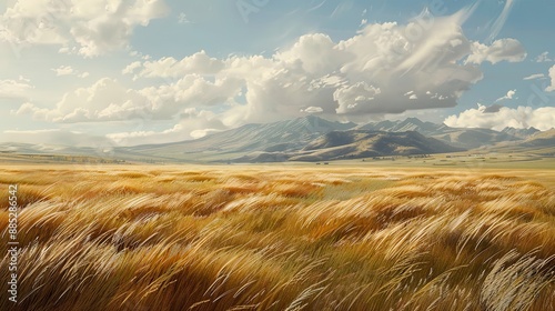 A vast prairie with golden grasses swaying in the wind, and a distant mountain range under a partly cloudy sky photo