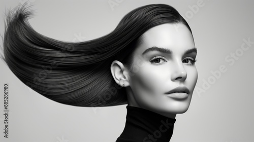 A woman with short hair and a black sweater. She has a nice smile and is looking straight ahead. Black and white fashion art studio portrait of beautiful elegant woman in black turtleneck.